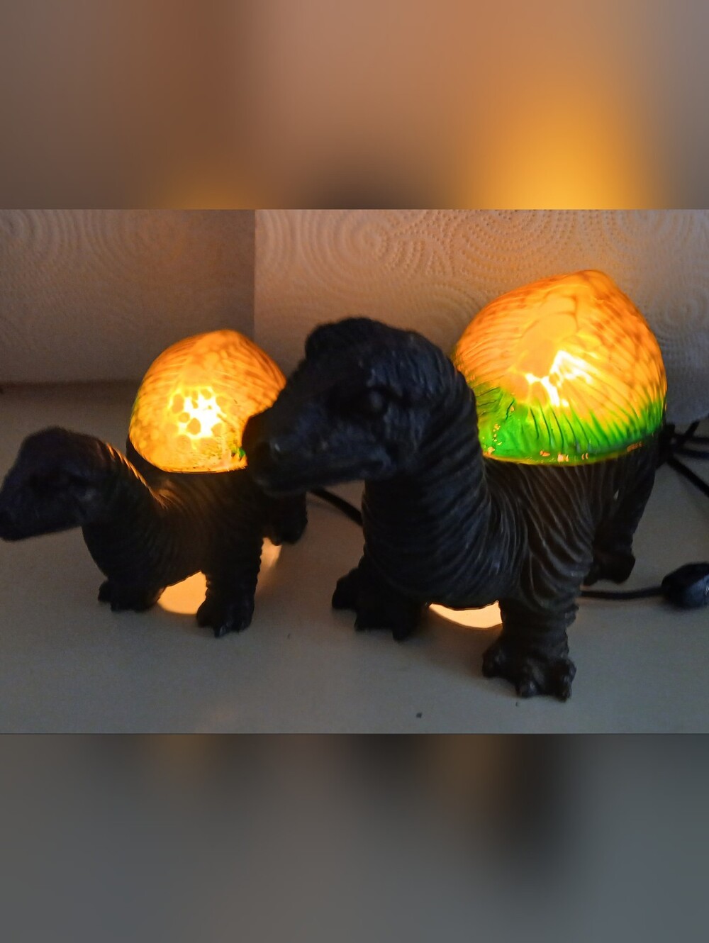 Vintage 1990's Cheyenne Dinosaur Lamps with Amber-Green Glass Shade